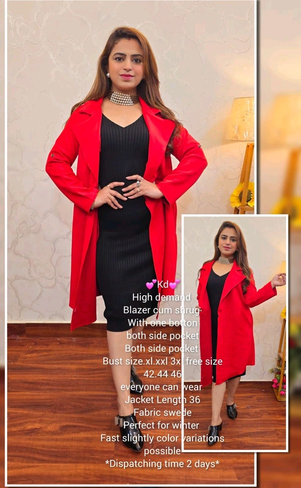 KD18  5513 High demand Blazer cum shrug With one botton both side pocket  - Red, XL-42