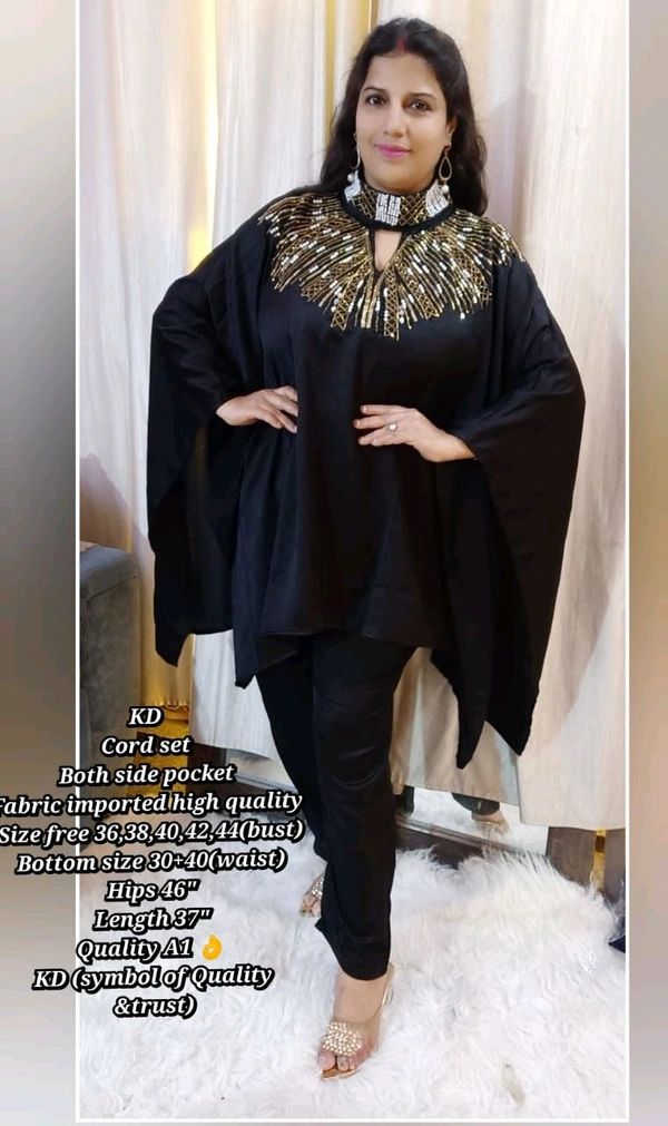 KD18 5516 Trending party wear cordset With neck seroaky and peal workBoth side pocket Fabric imported crepe high quality  - Black, S-36