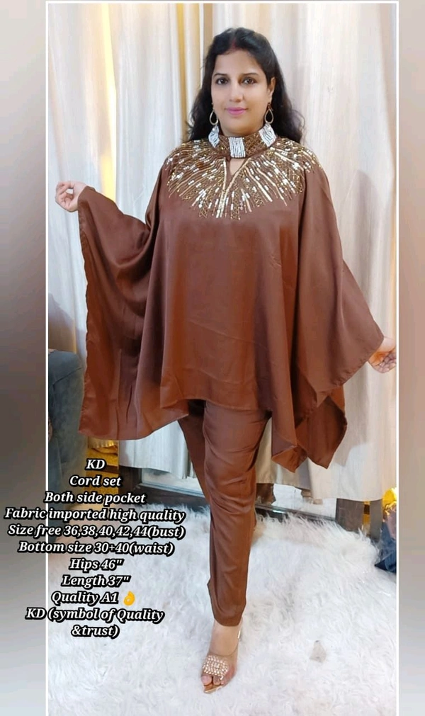 KD18 5516 Trending party wear cordset With neck seroaky and peal workBoth side pocket Fabric imported crepe high quality  - Brown, S-36