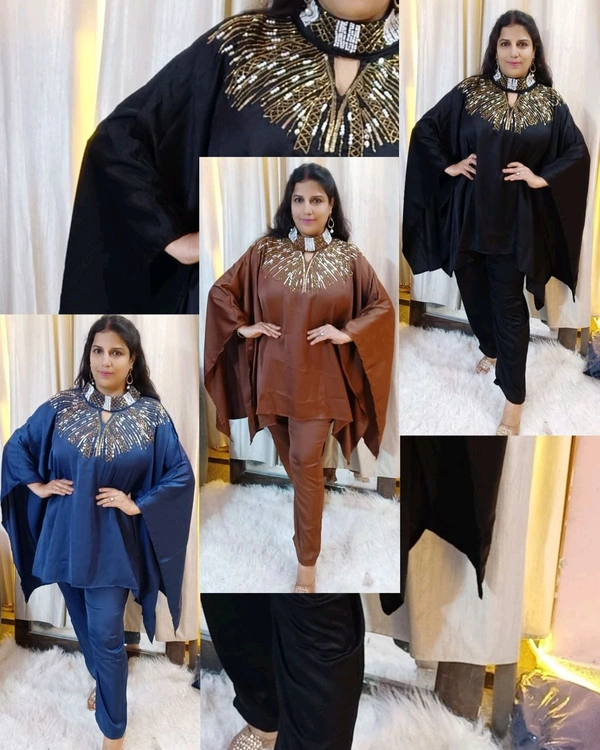 KD18 5516 Trending party wear cordset With neck seroaky and peal workBoth side pocket Fabric imported crepe high quality  - Blue, L-40