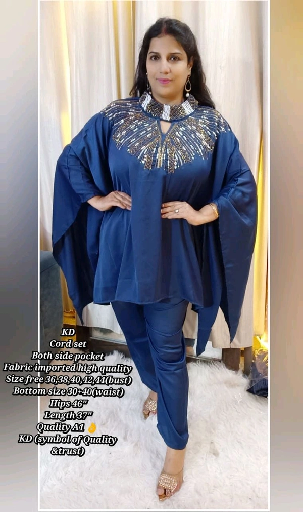 KD18 5516 Trending party wear cordset With neck seroaky and peal workBoth side pocket Fabric imported crepe high quality  - Blue, XL-42