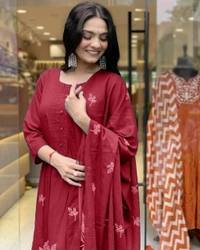 SF3  5519  Latest launch a pintex Pure Cotton Set discharge print kurti with pant and mulmul printed dupatta - Red, 3XL-46