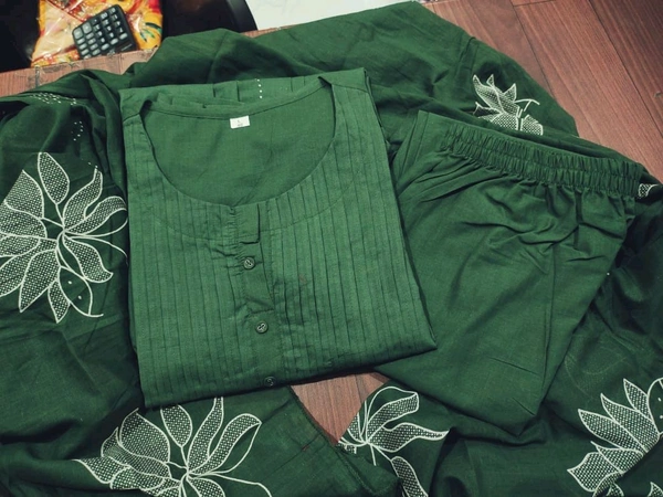 SF3  5519  Latest launch a pintex Pure Cotton Set discharge print kurti with pant and mulmul printed dupatta - Green, 3XL-46