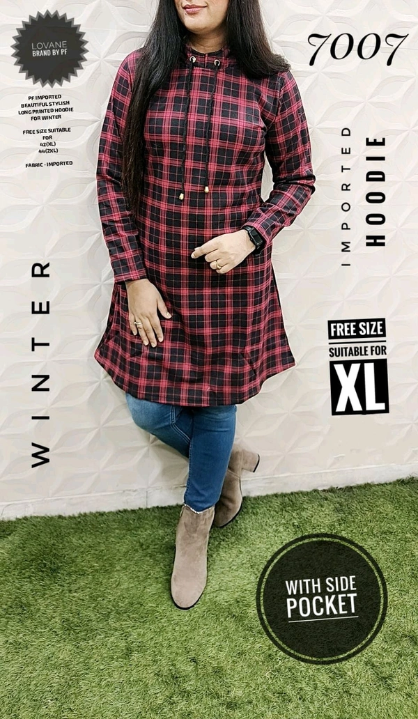 PFD 7007 IMPORTED BEAUTIFUL STYLISH PRINTED LONG WINTER HOODIE WITH SIDE POCKET - Red, XL-42
