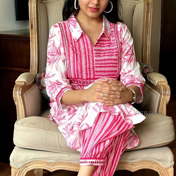 SF2 5525 New amazing kurti Afghan pant flower print*Full embroidery - Pink, M-38
