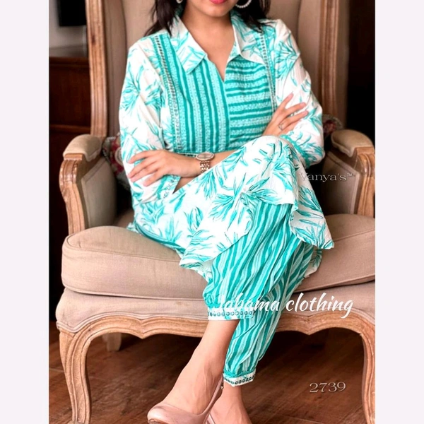 SF2 5525 New amazing kurti Afghan pant flower print*Full embroidery - Green, XL-42