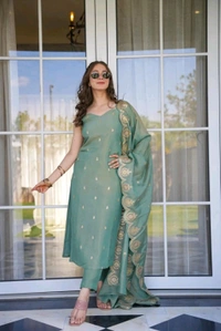 ARM 5529  Kurti - Pant - Dupatta   Kurti Roman silk: Pant  Roman silk: Dupatta  Roman silk  Embroidery Work  - 2XL-44