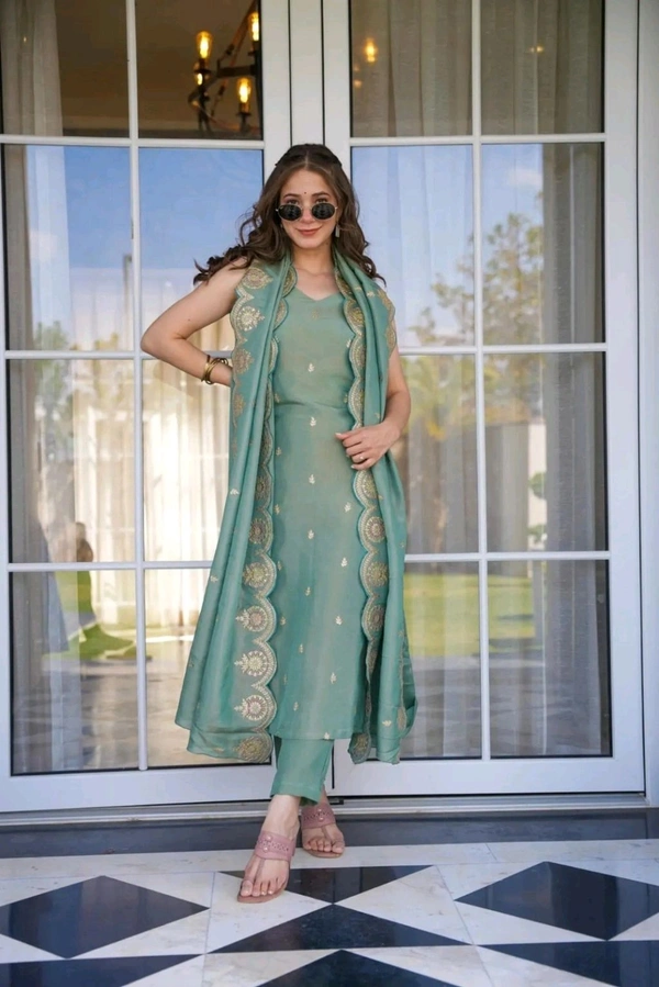 ARM 5529  Kurti - Pant - Dupatta   Kurti Roman silk: Pant  Roman silk: Dupatta  Roman silk  Embroidery Work  - 2XL-44