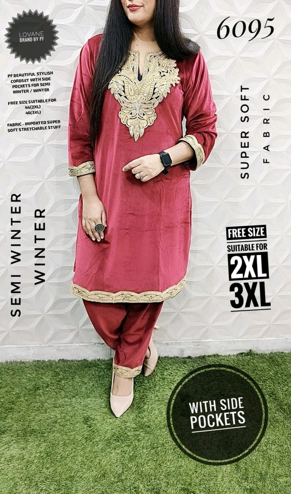 PFD 6095 *BEAUTIFUL STYLISH   CORDSET WITH SIDE POCKET -SUPERB QUALITY IMPORTED SUPER SOFT STUFF - Pink, 3XL-46