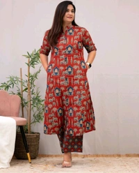 SF2  5538 New Designer Cotton  Co-ord  set* Aline kurti side pocket - Red, XL-42