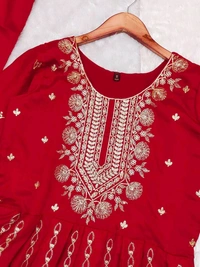 SF3 5541  Embroidery dress This chinnon Anarkali with Jari Embroidery work  Chinnon Silk  - Red, M-38