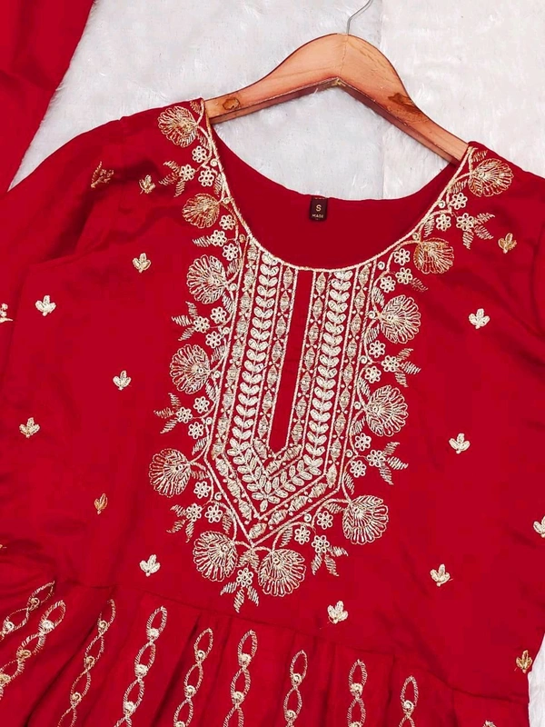 SF3 5541  Embroidery dress This chinnon Anarkali with Jari Embroidery work  Chinnon Silk  - Red, M-38