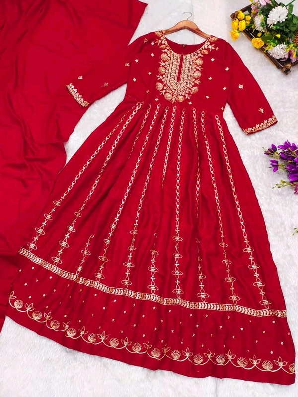 SF3 5541  Embroidery dress This chinnon Anarkali with Jari Embroidery work  Chinnon Silk  - Red, M-38