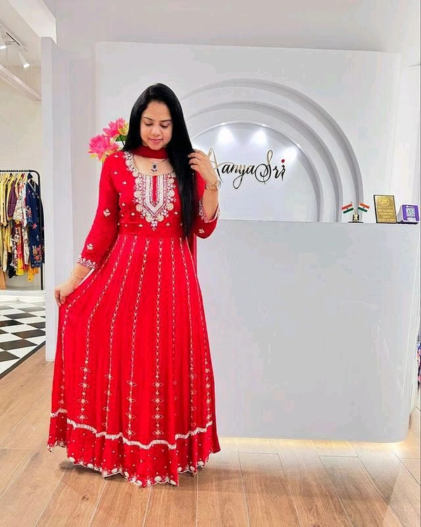 SF3 5541  Embroidery dress This chinnon Anarkali with Jari Embroidery work  Chinnon Silk  - Red, L-40