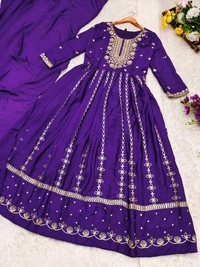 SF3 5541  Embroidery dress This chinnon Anarkali with Jari Embroidery work  Chinnon Silk  - Purple, XL-42