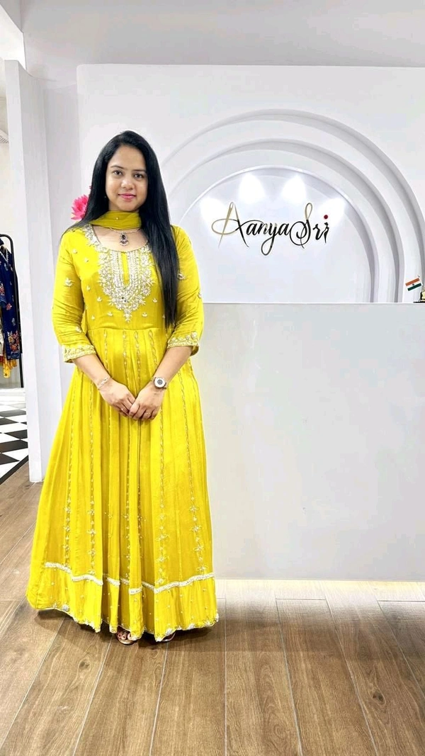 SF3 5541  Embroidery dress This chinnon Anarkali with Jari Embroidery work  Chinnon Silk  - Yellow, L-40