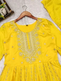 SF3 5541  Embroidery dress This chinnon Anarkali with Jari Embroidery work  Chinnon Silk  - Yellow, L-40