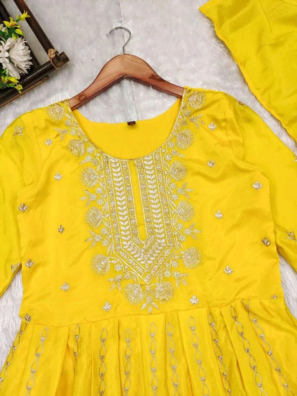 SF3 5541  Embroidery dress This chinnon Anarkali with Jari Embroidery work  Chinnon Silk  - Yellow, L-40