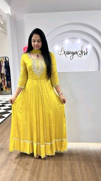 SF3 5541  Embroidery dress This chinnon Anarkali with Jari Embroidery work  Chinnon Silk  - Yellow, XL-42