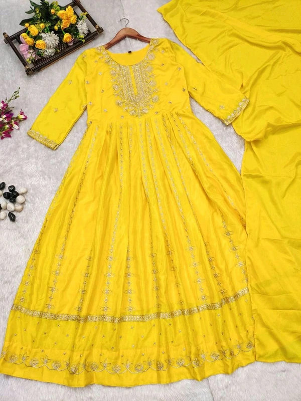 SF3 5541  Embroidery dress This chinnon Anarkali with Jari Embroidery work  Chinnon Silk  - Yellow, XL-42