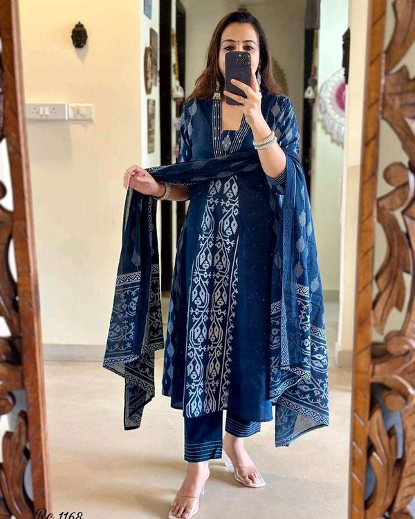 SF2  5544 New Malmal Cotton  Moti work  beautiful Heavy anarkali 3pcs kurti set suqens work Suit which  - Blue, XL-42