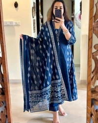 SF2  5544 New Malmal Cotton  Moti work  beautiful Heavy anarkali 3pcs kurti set suqens work Suit which  - Blue, XL-42