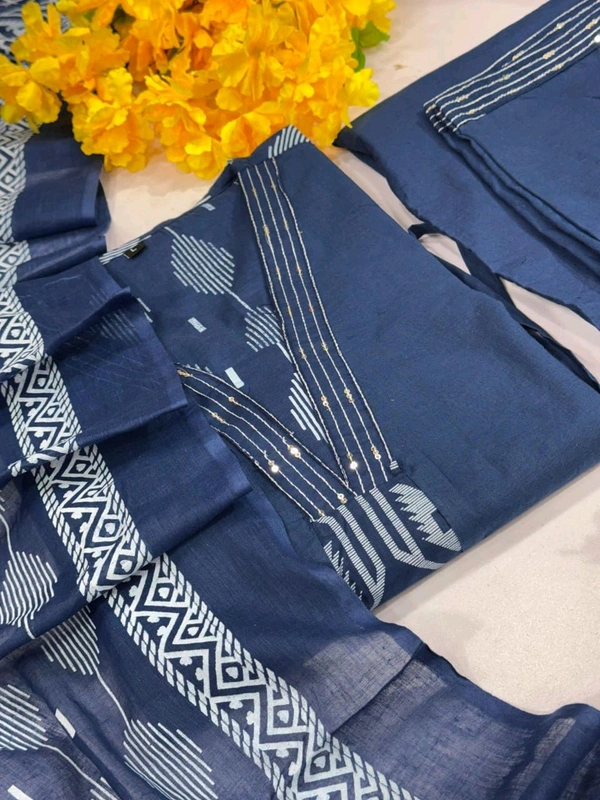 SF2  5544 New Malmal Cotton  Moti work  beautiful Heavy anarkali 3pcs kurti set suqens work Suit which  - Blue, XL-42