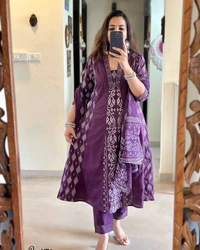SF2  5544 New Malmal Cotton  Moti work  beautiful Heavy anarkali 3pcs kurti set suqens work Suit which  - Purple, XL-42