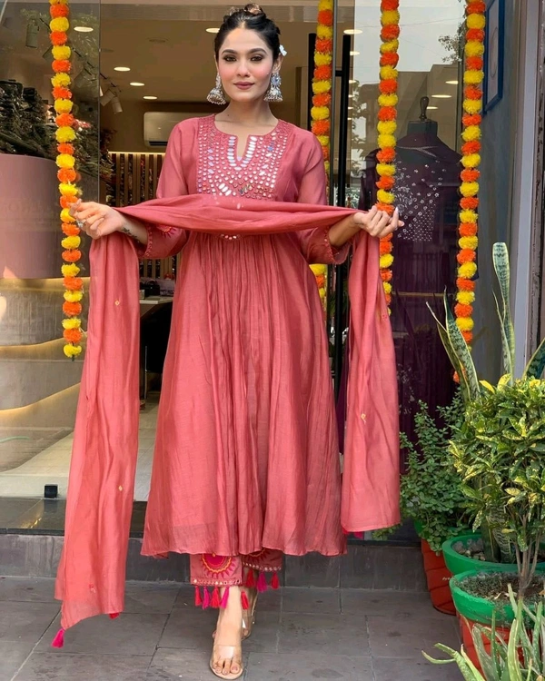 SF3 5555 Beautiful hit design anarkali 3pcs*Kurta with hand Embroidery work cotton Pant with pocket - Blush Pink, 3XL-46