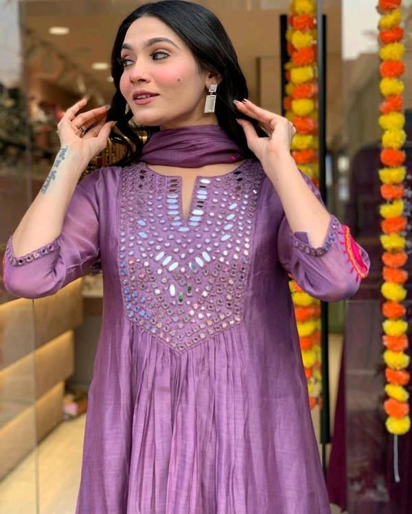 SF3  5555 Beautiful hit design anarkali 3pcs*Kurta with hand Embroidery work cotton Pant with pocket - Purple, L-40