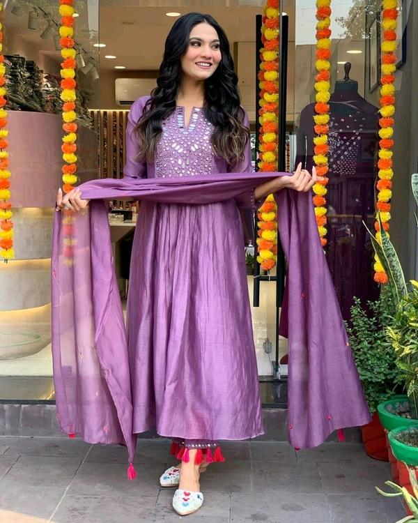 SF3  5555 Beautiful hit design anarkali 3pcs*Kurta with hand Embroidery work cotton Pant with pocket - Purple, 2X-44