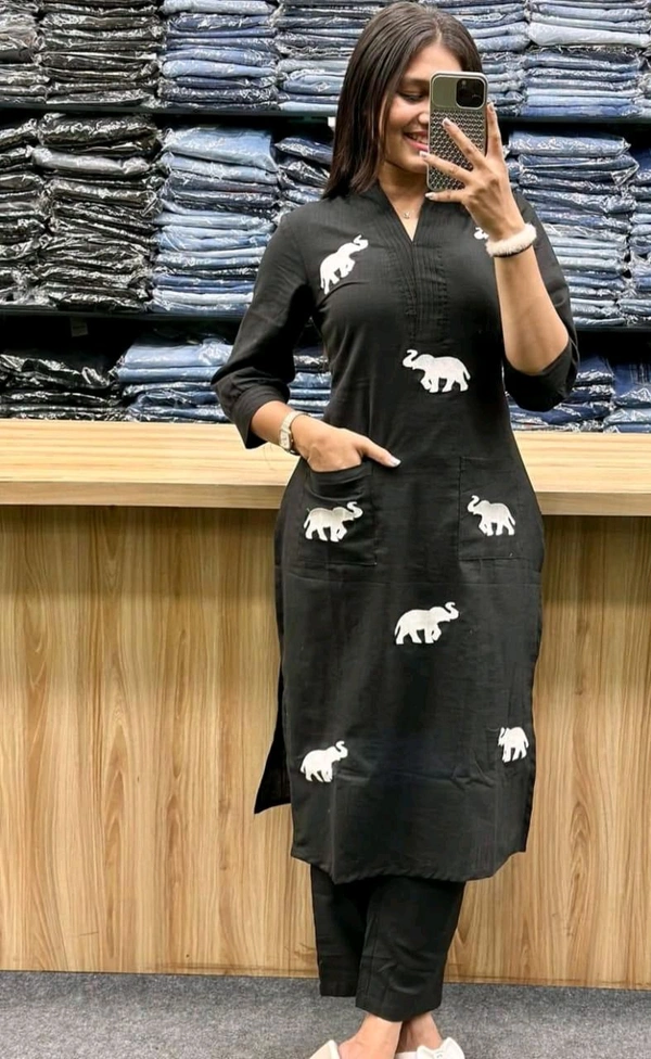 SF3  5559 Ethnic Stylish Top Pant set*Designer Top Pant set In *South Cotton * Fabric With Ethnic Elephant Embroidery work  - Black, M-38