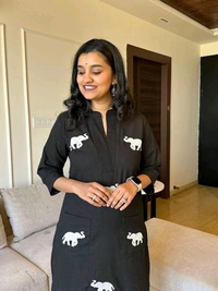 SF3  5559 Ethnic Stylish Top Pant set*Designer Top Pant set In *South Cotton * Fabric With Ethnic Elephant Embroidery work  - Black, M-38
