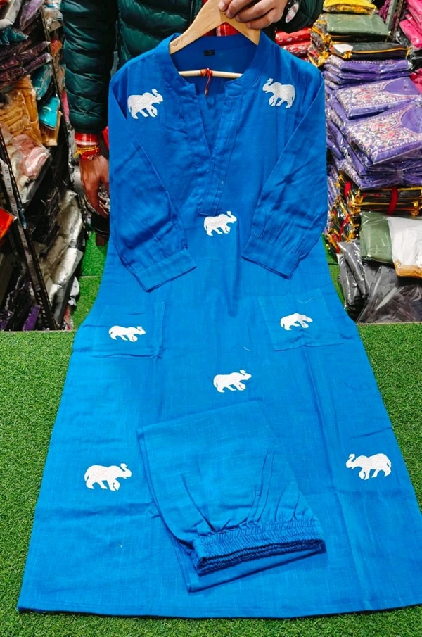 SF3  5559 Ethnic Stylish Top Pant set*Designer Top Pant set In *South Cotton * Fabric With Ethnic Elephant Embroidery work  - Blue, L-40