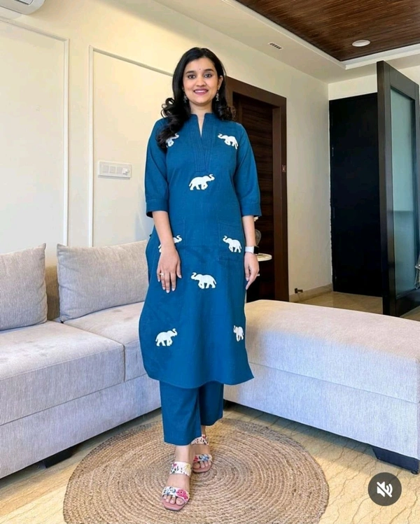 SF3  5559 Ethnic Stylish Top Pant set*Designer Top Pant set In *South Cotton * Fabric With Ethnic Elephant Embroidery work  - Blue, 2XL-44
