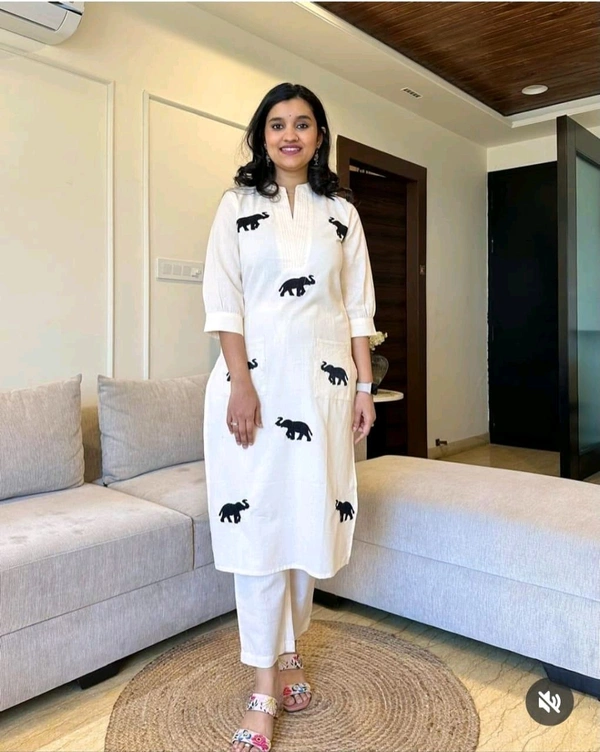 SF3  5559 Ethnic Stylish Top Pant set*Designer Top Pant set In *South Cotton * Fabric With Ethnic Elephant Embroidery work  - White, XL-42