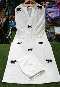 SF3  5559 Ethnic Stylish Top Pant set*Designer Top Pant set In *South Cotton * Fabric With Ethnic Elephant Embroidery work  - White, XL-42