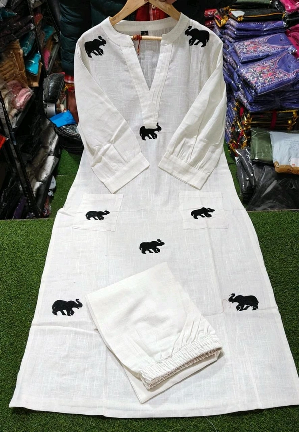 SF3  5559 Ethnic Stylish Top Pant set*Designer Top Pant set In *South Cotton * Fabric With Ethnic Elephant Embroidery work  - White, XL-42