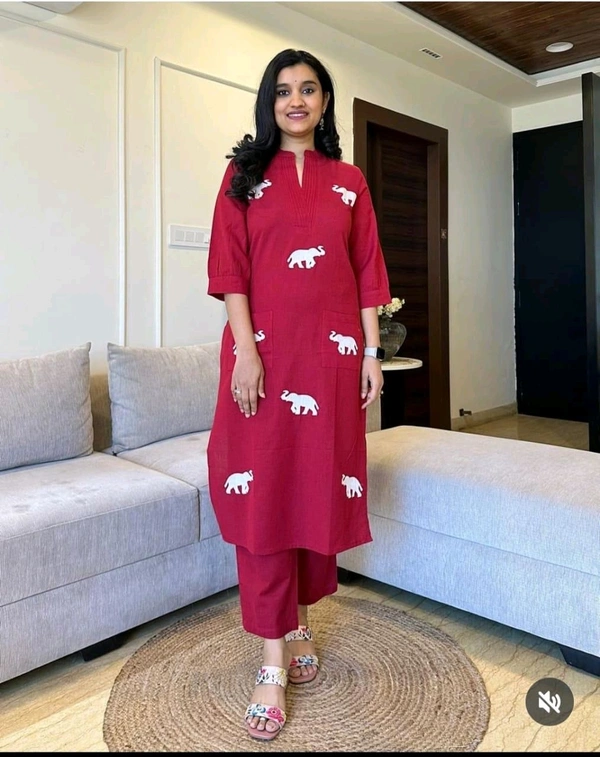 SF3  5559 Ethnic Stylish Top Pant set*Designer Top Pant set In *South Cotton * Fabric With Ethnic Elephant Embroidery work  - Red, 2XL-44