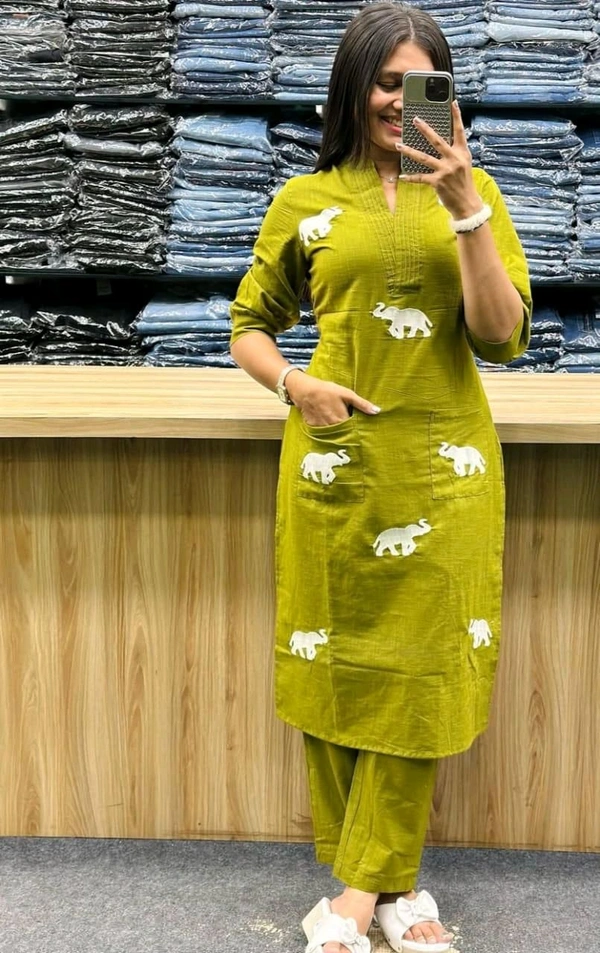 SF3  5559 Ethnic Stylish Top Pant set*Designer Top Pant set In *South Cotton * Fabric With Ethnic Elephant Embroidery work  - Green, M-38