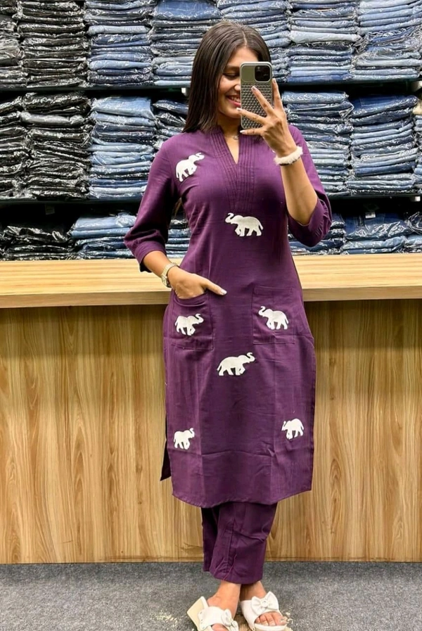SF3  5559 Ethnic Stylish Top Pant set*Designer Top Pant set In *South Cotton * Fabric With Ethnic Elephant Embroidery work  - Purple, M-38