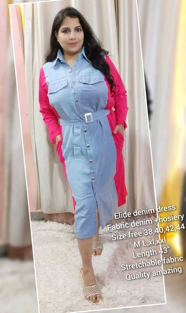 KD18  5562 very beautiful  Elide Denim Dress* - Pink, 2XL-44