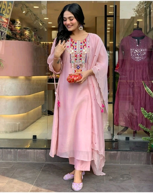 KDC 5563 New Collection  latest collection Chanderi* suit with cotton pant naazmin dupatta- beautiful embroidery  - Pink, M-38