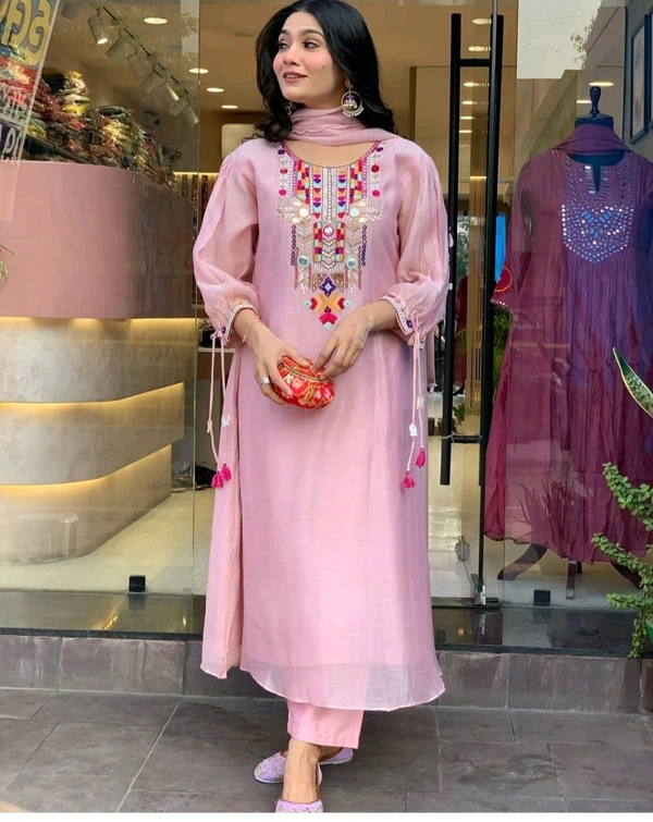 KDC 5563 New Collection  latest collection Chanderi* suit with cotton pant naazmin dupatta- beautiful embroidery  - Pink, M-38