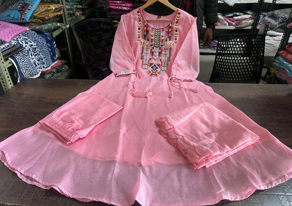 KDC 5563 New Collection  latest collection Chanderi* suit with cotton pant naazmin dupatta- beautiful embroidery  - Pink, L-40