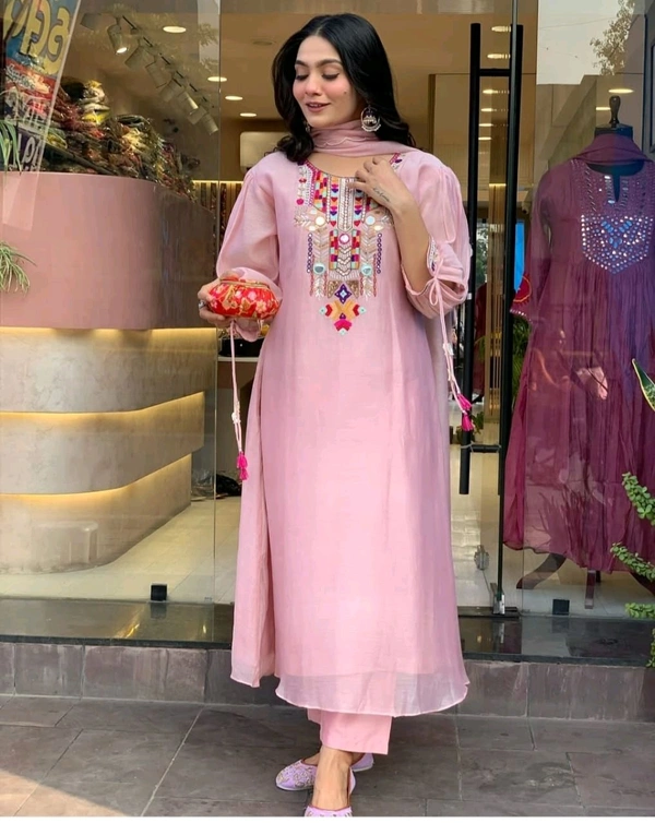 KDC 5563 New Collection  latest collection Chanderi* suit with cotton pant naazmin dupatta- beautiful embroidery  - Pink, XL-42