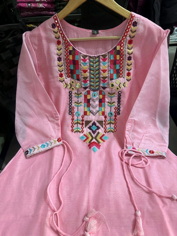 KDC 5563 New Collection  latest collection Chanderi* suit with cotton pant naazmin dupatta- beautiful embroidery  - Pink, XL-42