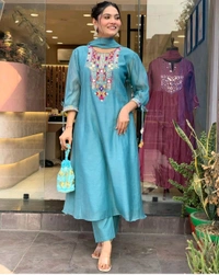 KDC 5563 New Collection  latest collection Chanderi* suit with cotton pant naazmin dupatta- beautiful embroidery  - Blue, M-38