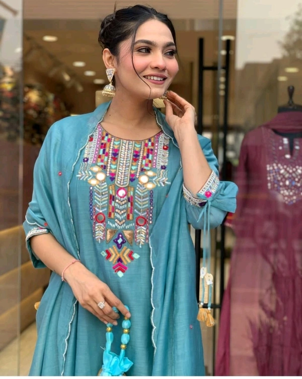 KDC 5563 New Collection  latest collection Chanderi* suit with cotton pant naazmin dupatta- beautiful embroidery  - Blue, M-38