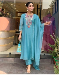 KDC 5563 New Collection  latest collection Chanderi* suit with cotton pant naazmin dupatta- beautiful embroidery  - Blue, M-38